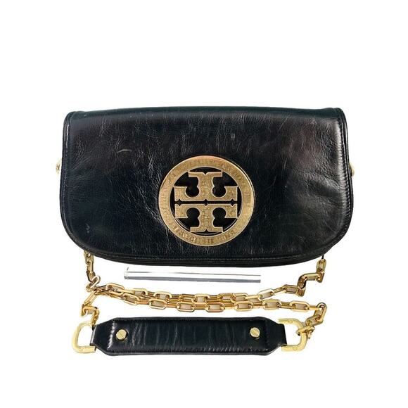 Tory Burch Reva Black Leather Purse Detachable Gold Chain Strap Crossbody Clutch - Picture 1 of 16